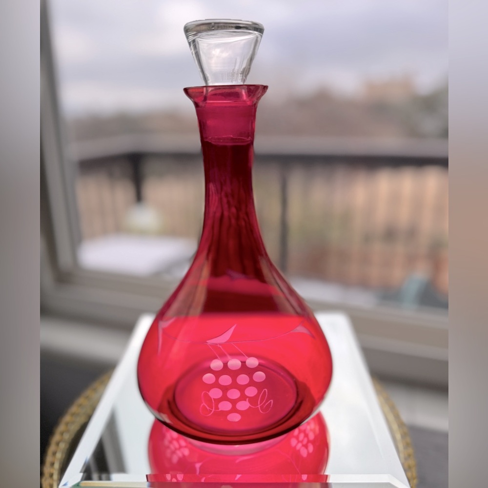 SOLD Cranberry Glass Decanter Set Bohemian Etched 9" MCM